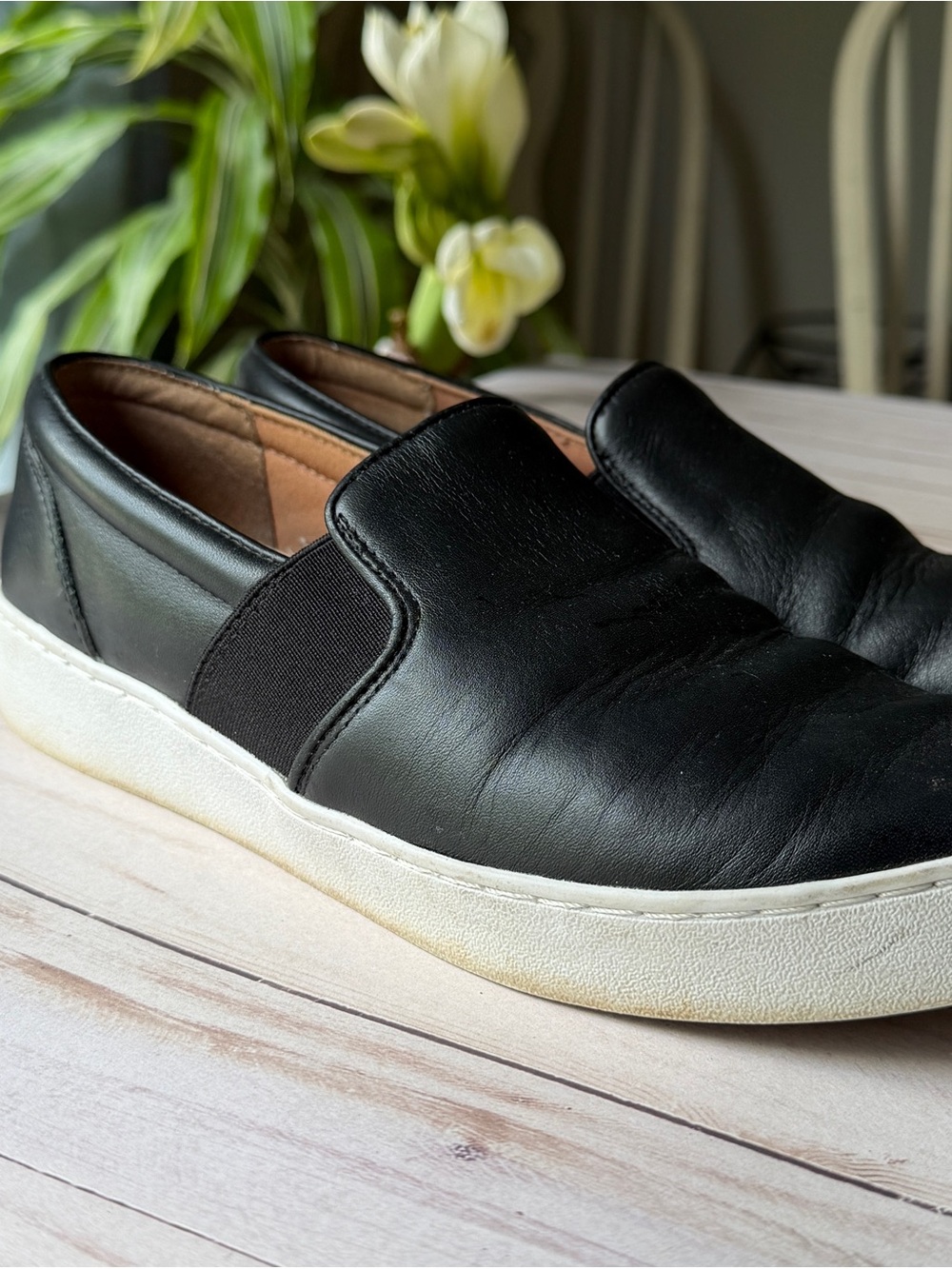 Vionic Black Leather Slip-On Sneakers with White Sole